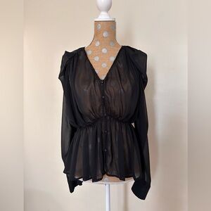 Emory Park V Neck Sheer Button Up Blouse Black